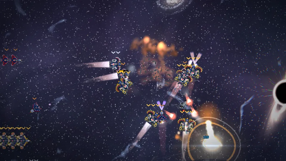 Corporate Republic warships press through the debris.