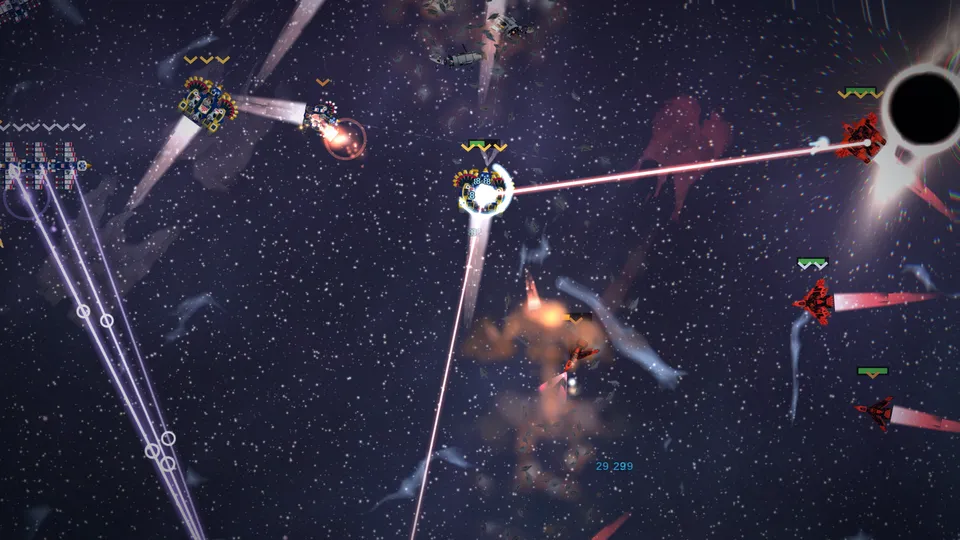 Beam lances cross the dark between two fleets.