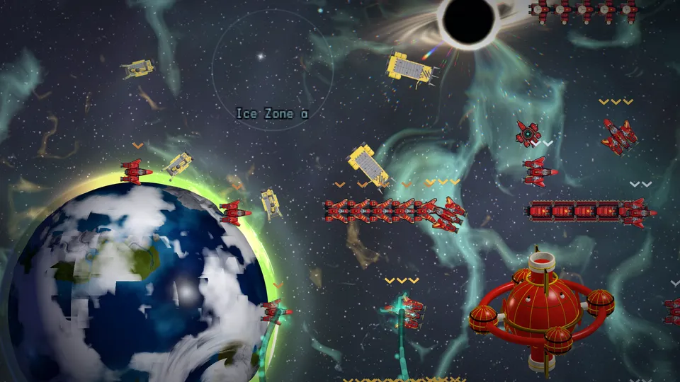 The Sun Empire's crimson warp base and its waiting squadrons.